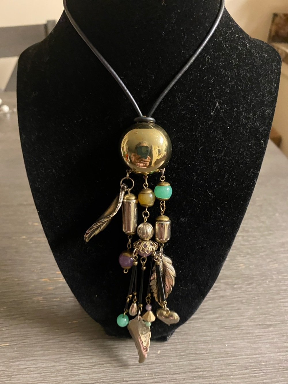 Gold Pendant Multi-Bead Fringe Necklace - Green, Purple Accents
